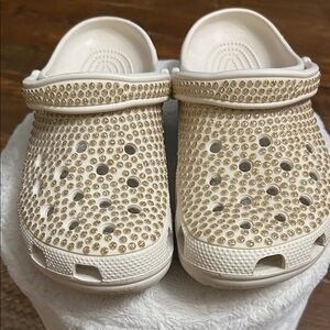 CROCS White and Gold Embellished Mules